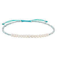 Knotted bracelet out of Silver 925 with Aquamarine, Fresh water pearl and Polyester. Cross-section:4+2mm. Length:15-22cm. Adjustable length.