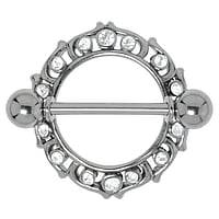 Nipple piercing out of Surgical Steel 316L and Silver 925 with Crystal. Thread:1,6mm. Bar length:16mm. Width:19mm.  Tribal pattern