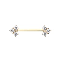 Nipple piercing out of Surgical Steel 316L with zirconia and PVD-coating (gold color). Thread:1,6mm. Bar length:16mm. Stone(s) are fixed in setting.  Arrow
