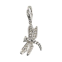 Charm out of Silver 925 with zirconia. Width:11mm. Shiny. Stone(s) are fixed in setting.  Dragonfly