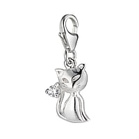 Charm out of Silver 925 with zirconia. Width:10mm. Shiny. Stone(s) are fixed in setting.  Cat Male cat Tom cat Feline