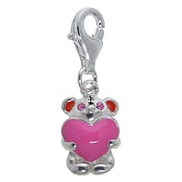 Kids charm out of Silver 925 with Enamel and Crystal. Width:8,3mm.  Bear Teddy Teddy bear Heart Love