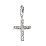 Charm out of Silver 925 with zirconia. Width:12mm. Shiny. Stone(s) are fixed in setting.  Cross