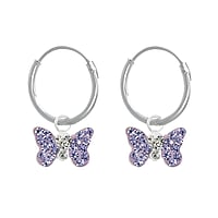 Silver hoop earrings for children with Crystal. Cross-section:1,2mm. Diameter:12mm.  Butterfly