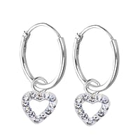 Children's silver hoop earrings with Crystal. Diameter:12mm. Cross-section:1,2mm.  Heart Love