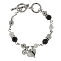 Bracelet out of Stainless Steel with Synthetic Pearls, Black PVD-coating and Crystal. Length:18-20cm. Cross-section:8mm. Shiny.  Heart Love