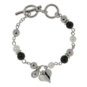 Bracciale Acciaio inox Perla sintetica Rivestimento PVD (nero) Cristallo Cuore Amore