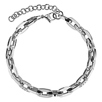 Bracelet out of Stainless Steel with zirconia. Width:6mm. Length:19-23cm. Adjustable length. Stone(s) are fixed in setting. Shiny.
