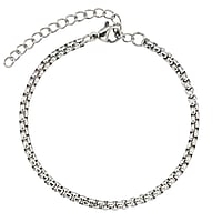 Bracelet out of Stainless Steel. Width:3mm. Length:16,5-21,5cm. Adjustable length. Shiny.