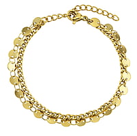 Bracelet out of Stainless Steel with PVD-coating (gold color). Width:8mm. Length:16-20cm. Adjustable length. Shiny.
