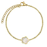 Bracelet out of Stainless Steel with PVD-coating (gold color) and Sea shell. Width:10mm. Length:16+4cm. Adjustable length. Shiny.  Flower