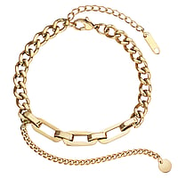 Bracelet out of Stainless Steel with PVD-coating (gold color). Length:16,5-21cm. Width:6mm. Adjustable length. Shiny.