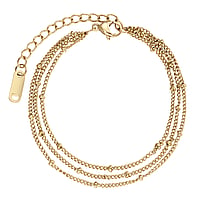 Bracelet out of Stainless Steel with PVD-coating (gold color). Length:15,5-19cm. Width:5mm. Adjustable length. Shiny.