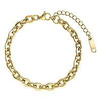 Bracelet out of Stainless Steel with PVD-coating (gold color). Length:16-20cm. Width:5mm. Adjustable length. Shiny.