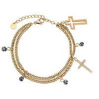 Bracelet out of Stainless Steel with PVD-coating (gold color), Crystal and Hematite. Length:16-19cm. Adjustable length. Shiny. Stone(s) are fixed in setting.  Cross