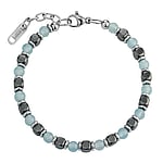 Stone bracelet out of Stainless Steel with Hematite and Aqua chalcedony. Width:4,4mm. Length:+2cm. Adjustable length. Shiny.