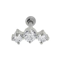 Oorpiercing uit Chirurgisch staal 316L met Messing met zilverlaagje en Zirkonia. Schroefdraad:1,2mm. Lengte staafje:6mm. Breedte:10,3mm. bolsluitingen:3mm. Steen/stenen met vatting gefixeerd.