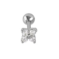 Piercing orecchio in Metallo chirurgico 316L con Argento 925 rodiato e Zircone. Lunghezza barretta:6mm. Filetto:1,2mm. Larghezza:5mm. Pallina di chiusura:4mm. Pietra(e) fissata(e) dalla montatura.  Fiore Foglia Disegno floreale