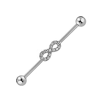 Industrial Piercing out of Surgical Steel 316L with zirconia. Thread:1,6mm. Width:5mm. Ball diameter:5mm. Stone(s) are fixed in setting.  Eternal Loop Eternity Everlasting Braided Intertwined 8