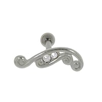 Oorpiercing uit Chirurgisch staal 316L met Messing met zilverlaagje en Kristal. Schroefdraad:1,2mm. Lengte staafje:6mm. Breedte:14mm.  spiraal golf