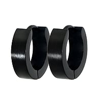 Surgical steel hoop earrings with Black PVD-coating. Diameter:14mm. Width:4mm. Matt finish.