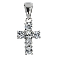 Stainless steel pendant with Crystal. Length:16mm. Width:12mm. Eyelet's transverse diameter:4,1mm. Eyelet's longitudinal diameter:6,3mm.  Cross