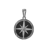 Stainless steel pendant with Epoxy and Black PVD-coating. Diameter:20mm. Eyelet's transverse diameter:2,8mm. Eyelet's longitudinal diameter:7,2mm. Shiny.  Anchor rope ship boat compass