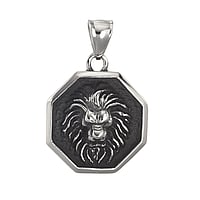 Stainless steel pendant with Black PVD-coating. Width:25mm. Eyelet's transverse diameter:4,4mm. Eyelet's longitudinal diameter:7,2mm.  Lion
