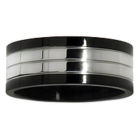 Stalen ring uit Staal met PVD laag (zwart). Breedte:8mm. Glanzend. Vlak.  streep lijn ribbels