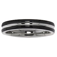 Steel ring out of Stainless Steel with Black PVD-coating. Width:4mm. Shiny.  Stripes Grooves Rills Lines