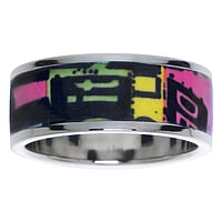 Steel ring out of Stainless Steel with Enamel. Width:8,5mm. Shiny. Flat.  Letter Character Number Digit Numeral