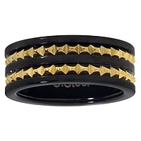 Steel ring out of Stainless Steel with Black PVD-coating and Gold-plated. Width:8mm. Shiny.  Stripes Grooves Rills Lines