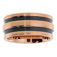 Steel ring out of Stainless Steel with Gold-plated and Black PVD-coating. Width:10mm. Shiny.  Stripes Grooves Rills Lines