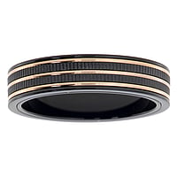 Steel ring out of Stainless Steel with Black PVD-coating and Gold-plated. Width:5mm. Flat.  Stripes Grooves Rills Lines