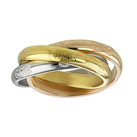 Stainless steel ring with PVD-coating (gold color). Width:7,5mm. Shiny. intertwined rings. Rounded.  Butterfly