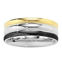Steel ring out of Stainless Steel with PVD-coating (gold color) and Black PVD-coating. Width:7mm. Shiny.  Stripes Grooves Rills Lines