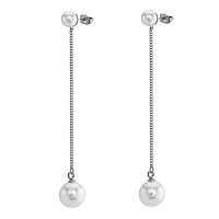 Fashion ear studs out of Stainless Steel with Synthetic Pearls. Length:70mm. Diameter:6+10mm.