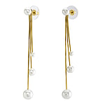 Fashion ear studs out of Stainless Steel and PVC with PVD-coating (gold color) and Synthetic Pearls. Length:70mm. Diameter:4/6/8mm.