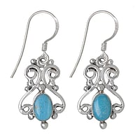 Silver earrings with stones with Turquoise. Length:20mm. Width:14mm.  Tribal pattern