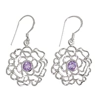 Silver earrings with stones with Amethyst. Length:21mm.  Flower Rose