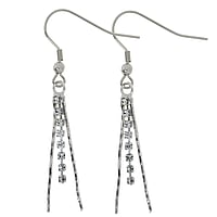 Fashion dangle earrings out of Rhodium plated brass with Crystal. Length:34mm. Stone(s) are fixed in setting.