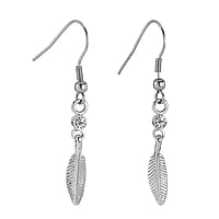 Fashion dangle earrings out of Rhodium plated brass with Crystal. Length:28mm.  Feather