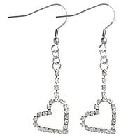 Fashion dangle earrings out of Rhodium plated brass with Crystal. Width:16mm. Length:31mm. Stone(s) are fixed in setting.  Heart Love