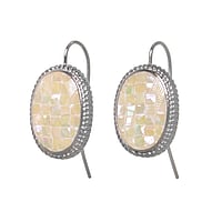 Fashion dangle earrings out of Surgical Steel 316L with Mother of Pearl. Length:18mm. Width:14mm.