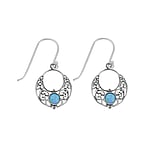 Silver earrings with stones with Synthetic opal. Diameter:14mm. Shiny.  Heart Love Tribal pattern