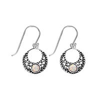 Silver earrings with stones with Synthetic opal. Diameter:14mm.  Tribal pattern