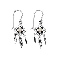 Silver earrings with stones with Synthetic opal. Width:12mm. Length:24mm.  Feather Flower