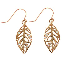 Fashion dangle earrings out of Surgical Steel 316L with PVD-coating (gold color) and Crystal. Length:29mm. Width:16mm. Shiny.  Leaf Plant pattern