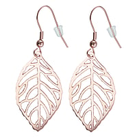 Fashion dangle earrings out of Surgical Steel 316L with PVD-coating (gold color). Length:35mm. Width:19mm. Shiny.  Leaf Plant pattern