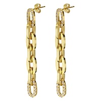 Fashion ear studs with zirconia and PVD-coating (gold color). Width:6mm. Length:5,5cm. Stone(s) are fixed in setting.